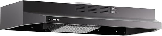 30 inch Stainless Steel Under Cabinet Range Hood, Slim Kitchen Vent Hood Ducted/Ductless Convertible with 2 Speed Exhaust Fan, 3-Layer Aluminum Filters,LED Lights,Black
