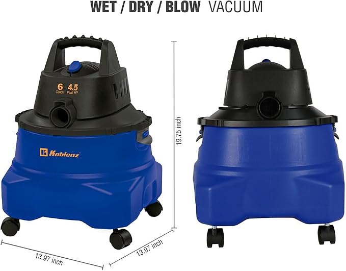 Koblenz WD-6 L212 Wet Dry Vacuum Cleaner, 6 Gallon, 4.5 PHP, 3-in-1 Suction & Blower, 16 ft Reach, Big Cleaner for Car, Shop Vacuum Wet and Dry, Swivel Casters, Black/Blue