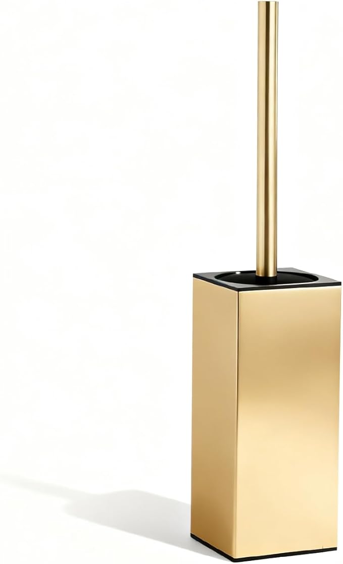 Toilet Brush and Holder Set, NEWRAIN Stainless Steel Toilet Brush with Long Brush Handle, Brushed Gold Toilet Scrubber and Covered Holder, Square Design Sturdy and Space Saving, Covered Brush