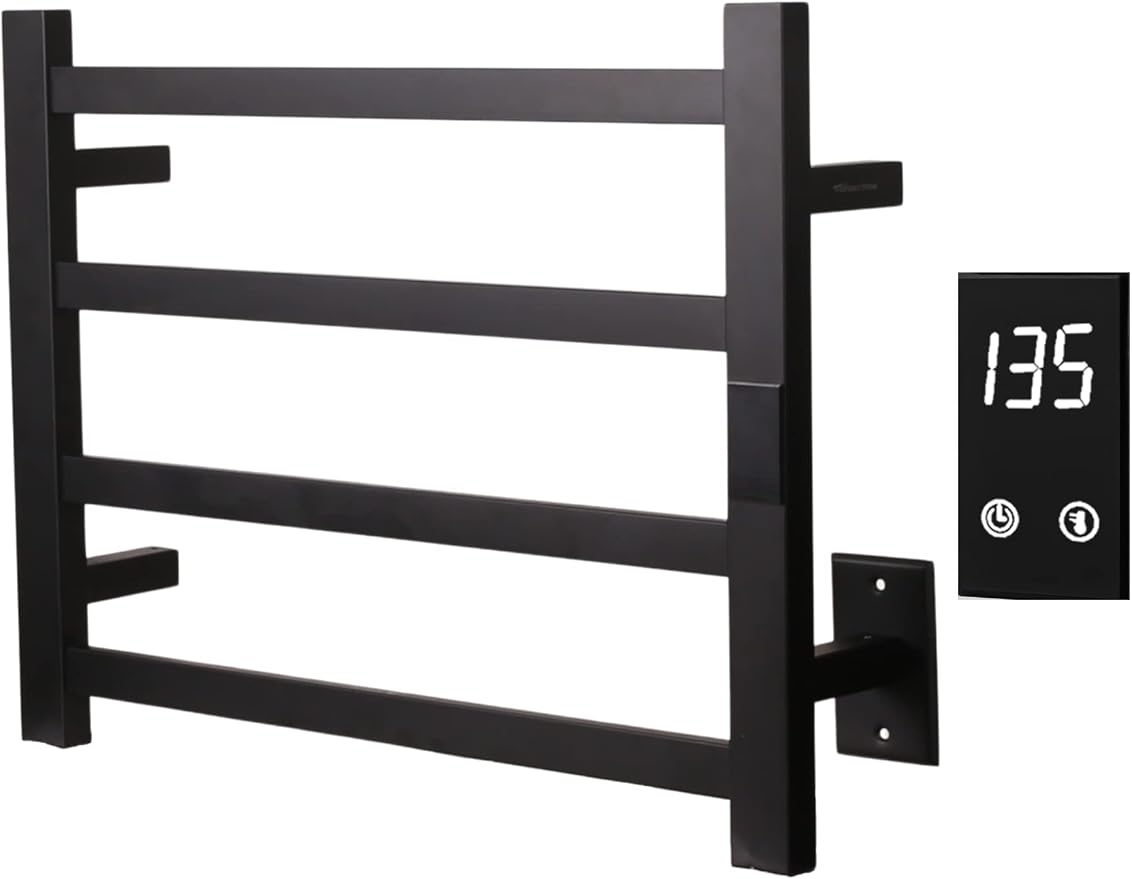 Topdattion Electric Towel Warmer | Super Thin | with Timer & Temperature Multi-Level Adjustments | Hardwired & Plug-in | 4 Bar Matte Black Finish
