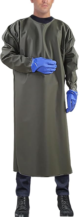 SUJAN Heavy Duty Waterproof PVC Coated Apron with Gloves, Chemical Resistant, Oil-Proof Reusable Work Gown for Food Processing Car Washing, Lab and Industrial Use Green L