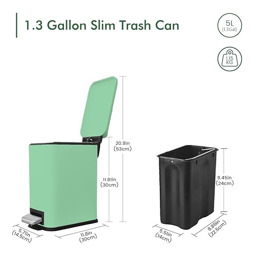 5 Liter / 1.3 Gallon Trash Can with Removable Liner, Soft Close lid & Step Pedal, Stainless Steel Trash Bin for Bathroom,Bedroom,Home Office,Green