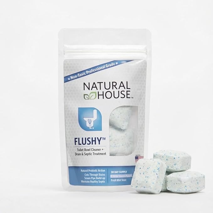 Enzyme Toilet Bowl Cleaner & Septic Treatment - Natural House Flushy - Probiotic Foaming Pods Remove Hard Water Stains, Rust, Calcium - Mint Scent - 60 Count