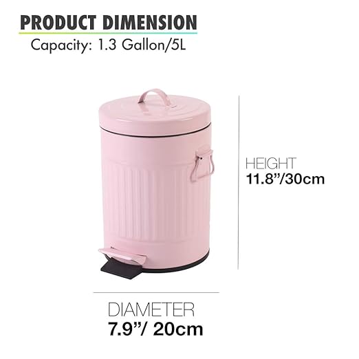 Bathroom Trash Can with Lid, Small Trash Can Wastebasket for Home Bedroom with Lid, Round Waste Bin Soft Close, Retro Vintage Garbage Metal Cans for Office, 5 Liter / 1.3 Gallon, Glossy Pink