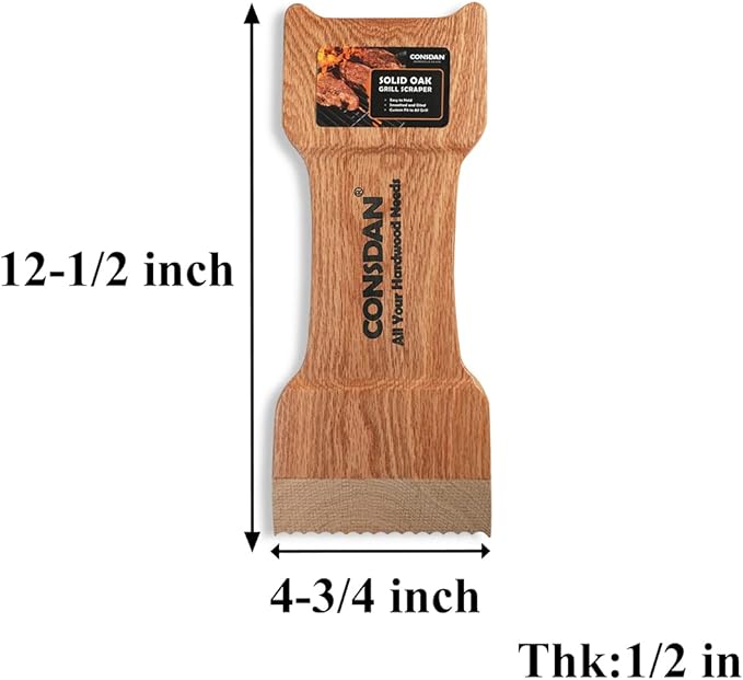 CONSDAN Wood Grill Scraper, Soild Oak Wooden Grill Brush, Grill Scraper for Outdoor Grill, Bristle Free Grill Scrapers, Grill Grate Cleaner Safe Wood Grill Brusher