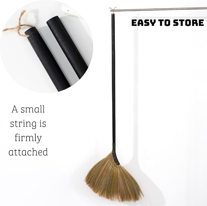 Vietnamese Straw Soft Broom - Indoor Grass Broom - Sweeping Hand with Black Long Handle Broomstick for House, Garage, Office, Lobby Room, Kitchen with 56.69 in Length