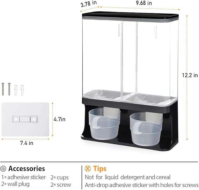 Laundry Scent Boosters Beads Dispenser, Conwomin Wall Mounted Laundry Detergent Dispenser with 2 Cups for Laundry Beads, Rice, Beans, Stain Remover Powder, Black(105 oz)