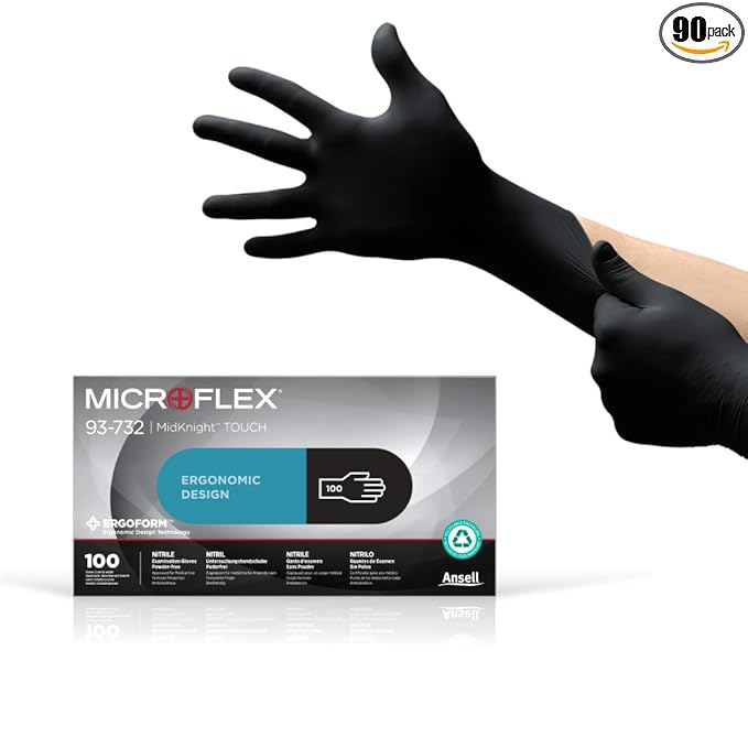 Ansell MICROFLEX Midknight Touch 93-732 Disposable Nitrile Exam Gloves for Auto, Tattoo, Dentistry, Catering, 4.3 mil - XXL, Black (Box of 90)