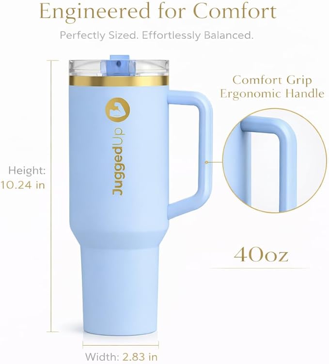 Hydra 40oz Insulated Stainless Steel Tumbler with Handle & Flip Straw Lid – Leak Proof Vacuum Travel Mug, Cup Holder Compatible, BPA Free – Sky Gold