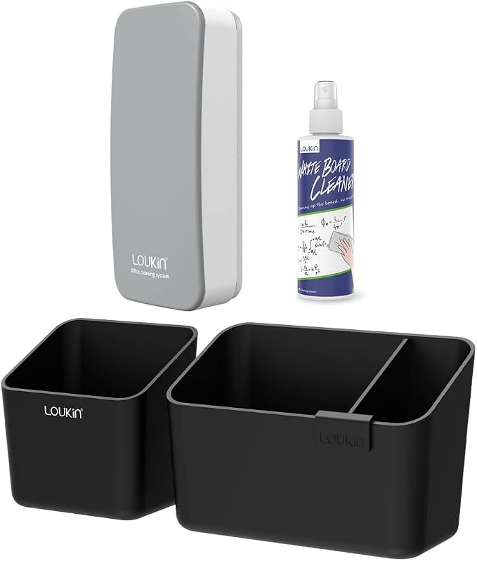 LOUKIN Whiteboard Accessories Bundle | Magnetic Dry Erase Eraser (Gray) & Mini + Small Marker Holder & Whiteboard Cleaner (3.4 fl oz)
