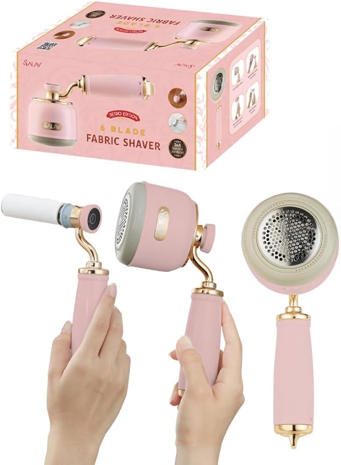 SALAV® Retro Edition 2-in-1 Rechargeable Fabric Shaver and Lint Roller, 6-Blade System, Removes Fuzz and Pilling on Fabrics, Includes Charging Cable (Rose)