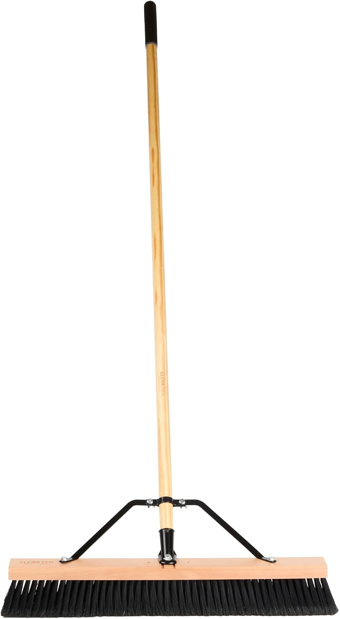 Restaurantware-Clean Tek Professional 24 Inch Push Broom, 1 Heavy-Duty Broom with 60” Handle - Fine Plastic Bristles, Durable, Wooden, Commercial Use, for Deck, Driveway, Garage, Yard, Patio