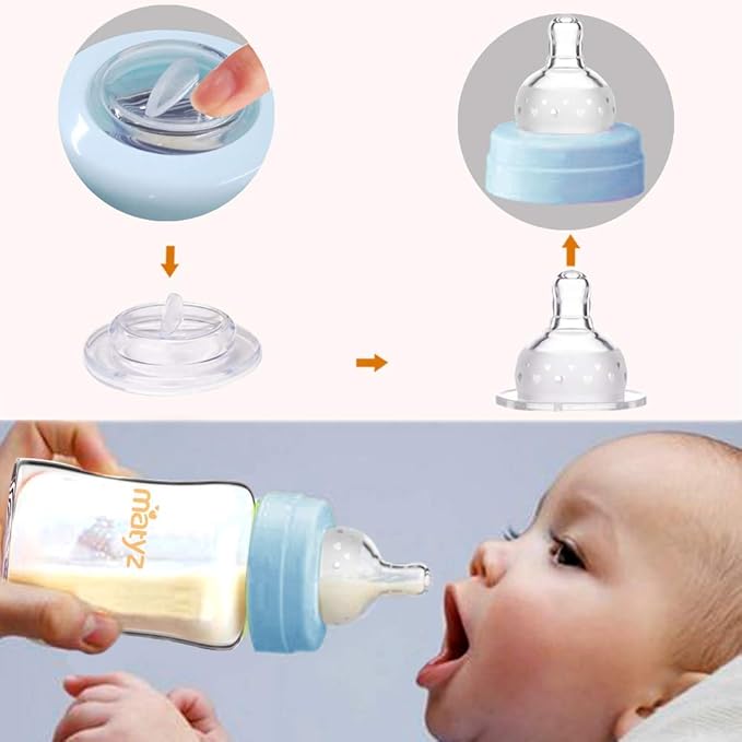 Matyz Glass Breastmilk Storage Containers, 4 Pack, 6 oz Bottle, Fit with Spectra Medela Avent Pump - Wide Mouth Breastmilk Collection and Storage Bottle with Lids - No BPA (2 Green & 2 Blue Lids)