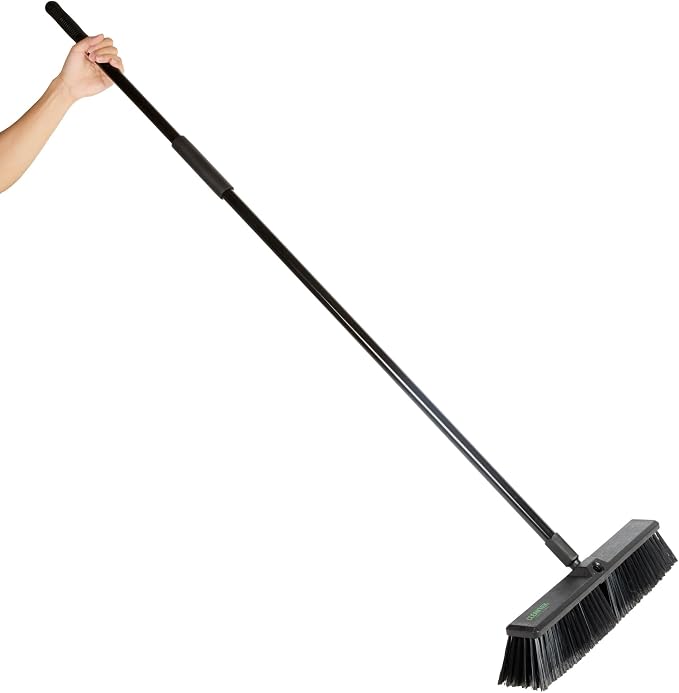 Restaurantware-Clean Tek Professional 17.13 Inch Push Broom, 1 Heavy-Duty Broom with 59” Handle - Fine Bristles, 2 Handle Attachment, Wooden, Commercial Use, for Deck, Garage, Yard, Patio