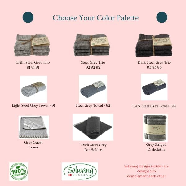 Solwang 3-Piece Danish Cotton Dishcloths in 100% Certified Organic Cotton Made in India (Steel Organic Trio)