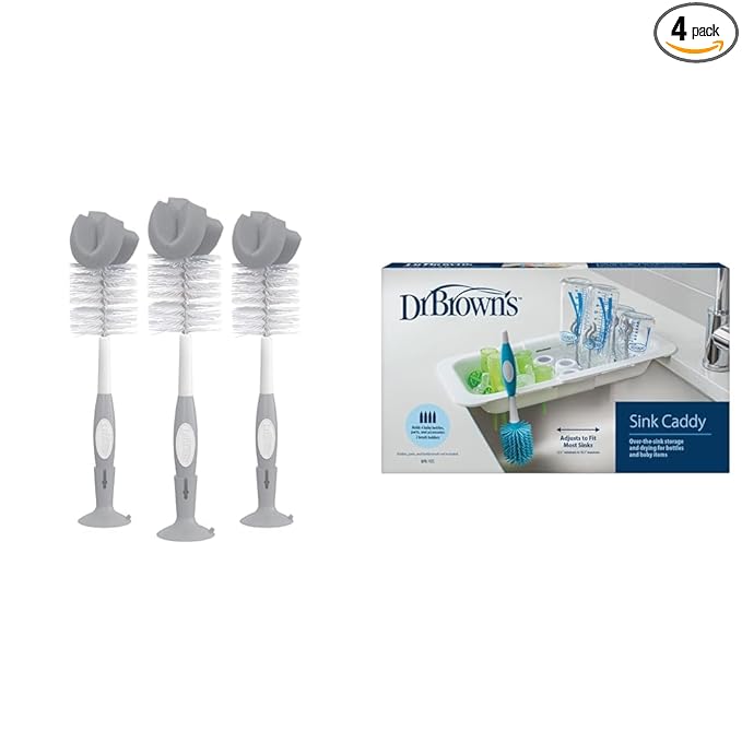 Dr. Brown's Baby Bottle Cleaning Brush, Gray, 3-Pack + Dr. Brown's Sink Caddy, Over The Sink Kitchen Storage, Baby Bottle Drying Rack and Organizer, BPA-Free