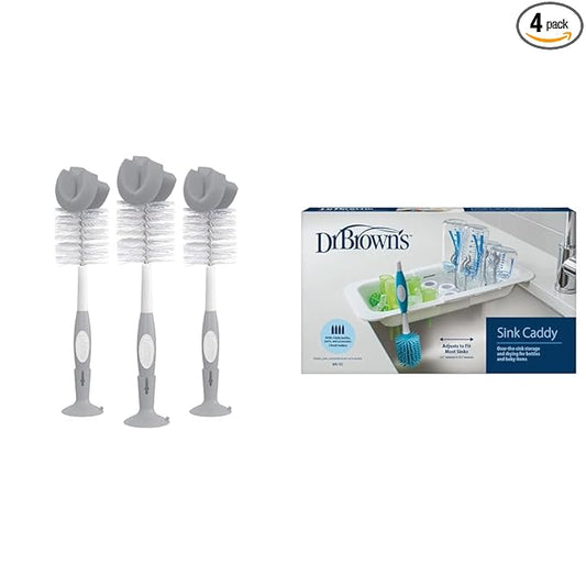 Dr. Brown's Baby Bottle Cleaning Brush, Gray, 3-Pack + Dr. Brown's Sink Caddy, Over The Sink Kitchen Storage, Baby Bottle Drying Rack and Organizer, BPA-Free