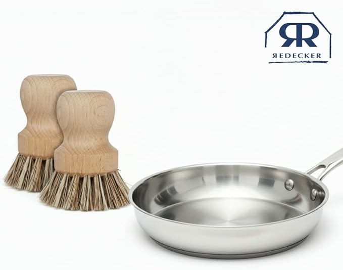 Redecker Pot Brush, Union Fibre, 2-Pack Heavy Duty Scrub Brushes for Pots, Cast Iron & Baked-On Residue, Beechwood, 2.6-Inch Round, Made in Germany