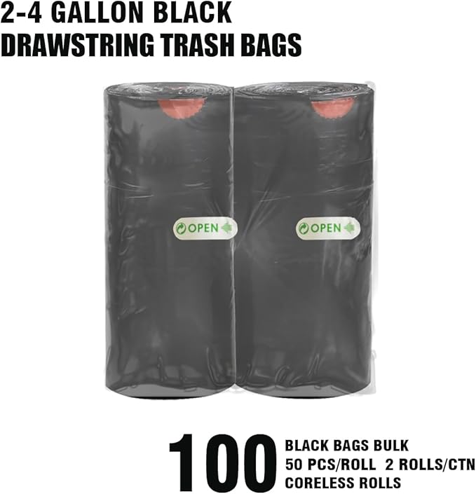 BEIDOU-PAC 2-4 Gallon Trash Bags Drawstring, 100 Count Bulk, Black & Unscented Small Multi-purpose Garbage Bags for Business Home Bathroom Kitchen Commercial and Industrial