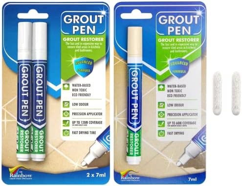 Grout Pen Tile Paint Marker: Yellow Cream 1 Pack and 2 Pack White with Extra Tips (Narrow, 5mm) - Waterproof Tile Grout Colorant Marker for Cleaner Looking Floors & Whitener Without Bleach