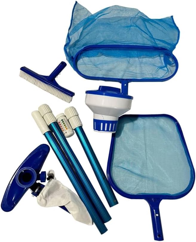 FibroPool Above Ground Pool Maintenance Kit – Telescoping Pole, Leaf Skimmer Net, Vacuum Head, Pool Brush, Floating Chlorinator & Test Strips – Easy Clean Kit for Inflatable & Soft-Sided Pools