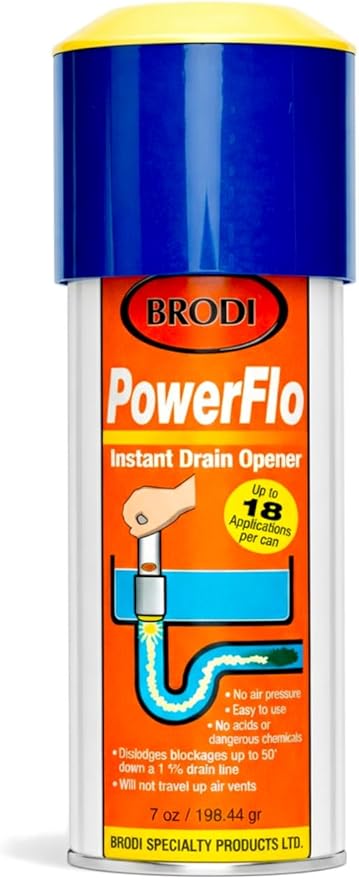 PowerFlo is a non-chemical, Safe Instant Drain Opener for all Diameter Drains. Does not use air pressure or chemicals. Powerful solution with 18 applications (Full Starter Kit)
