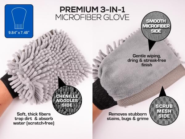 Premium 3-in-1 Car Wash Mitt Scratch Free, Cleaning Mitt, Microfiber Wash Mitts for Car Washing, Drying, and Scrubbing (2-Pack)
