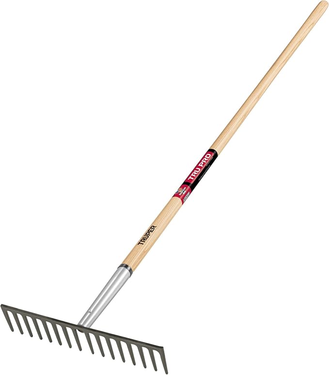 Truper TruPro 16-Tine Heavy-Duty Road Rake, 66-Inch Premium North American Ash Wood Long Handle, Professional Level Head Asphalt, Gravel, and Landscape Grading Tool (Model 33126 / R-16MXX)