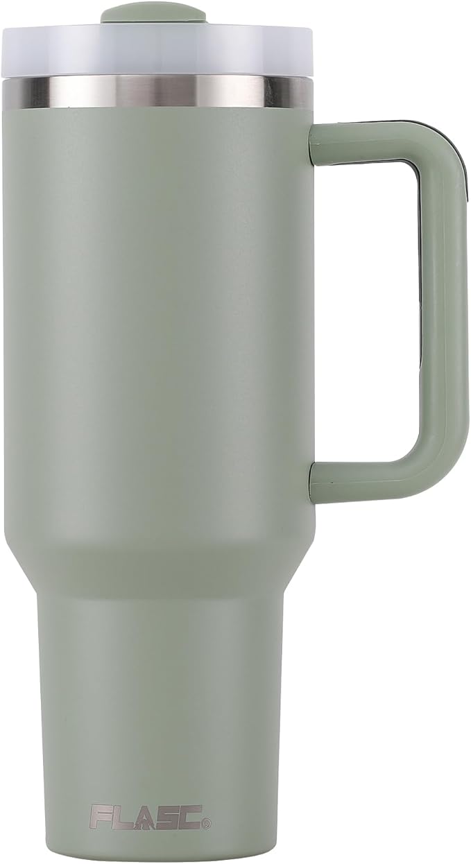 FLASC 40 oz Tumbler With Handle and Straw | 100% Leakproof Insulated Tumbler With Lid and Straw | Includes ALL Accessories: Stainless Steel Straw, Silicon Boot, Straw Cover & Cleaner (Bayleaf)