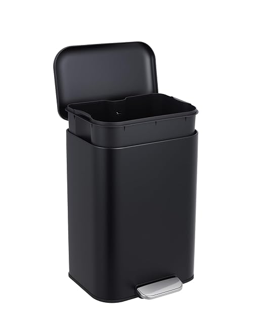 Garvee 5.2 gal Bathroom Trash Can, Step Garbage Can with Soft-Close Lid, Stainless Steel Recycling Bin with Removable Inner Bucket, Rectangular Waste Container for Kitchen, Living Room, Office, Black