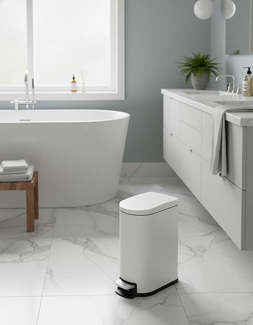 Garvee 2.6 Gallon / 10L Metal Bathroom Trash Can with Lid, Slim Step-On Bin with Soft-Close, Removable Inner Bucket & Rear Handle, Waterproof, White