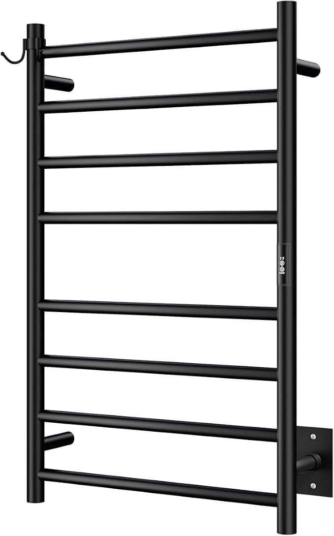 Wall Mounted Towel Warmer 8 Bars with Plug-in and Hardwired Options 3 Working Modes Black Stainless Steel 21” W 34” H