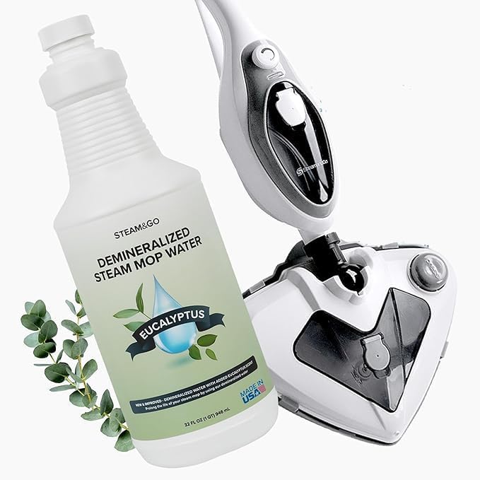 Steam & Go - The Housekeeper Steam Cleaner For Floors & Demineralized Water Bundle, 10-in-1 Hard Floor Cleaner Machine & Grout Steam Cleaner with Floor Cleaning Solution, 32 oz, Eucalyptus Mint Scent