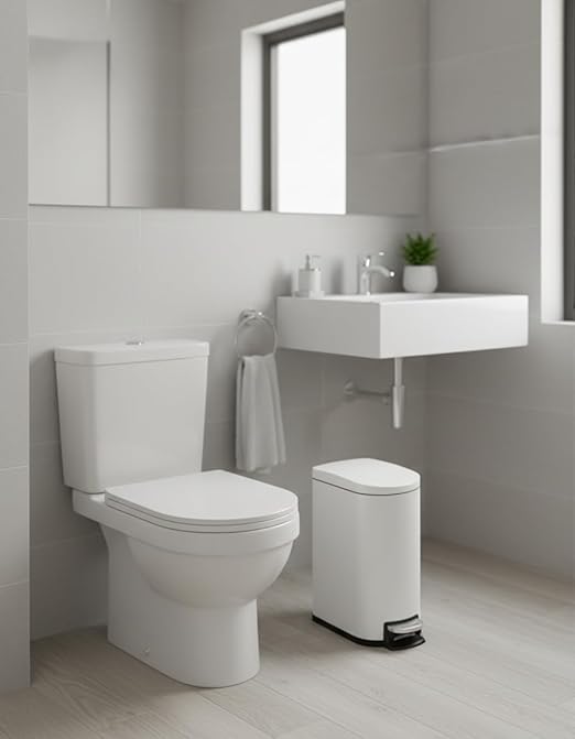 Garvee 2.6 Gallon / 10L Metal Bathroom Trash Can with Lid, Slim Step-On Bin with Soft-Close, Removable Inner Bucket & Rear Handle, Waterproof, White