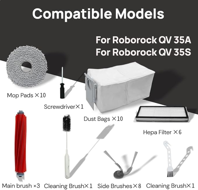 （40 Pcs）Replacement Accessories Kit Compatible with Roborock QV 35A/QV 35S Robot Vacuum, 3 Main Brush, 8 Side Brush, 6 HEPA Filter, 10 Mop Pads, 10 Dust Bag,2 Cleaning Brush, 1 Screwdriver