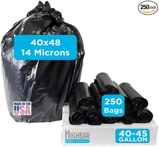 Highbar Select 250 Count, 40-45 Gallon Trash Bags, Heavy Duty Black Bags, Ideal for 39, 40, 42, 45 Gallon