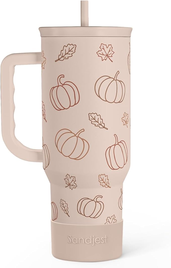 SANDJEST Pumpkin Tumbler with Handle and Straw 40oz – Stainless Sleel Slider Tumbler Travel Coffee Mug for Women - Gift Idea for Fall Autumn Halloween