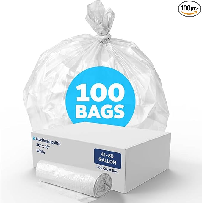 41-50 Gallon Trash Bags White, 100 Count, 30+ Gallons, Sturdy 0.6 Mil Garbage Bags, Low-Density Waste Kitchen and Bathroom Can Liners, Tear-Resistant for Commercial Wastebasket Bags, Perforated Roll