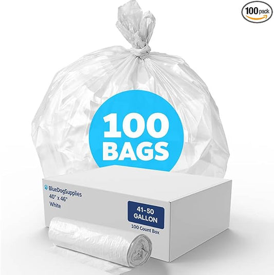 41-50 Gallon Trash Bags White, 100 Count, 30+ Gallons, Sturdy 0.6 Mil Garbage Bags, Low-Density Waste Kitchen and Bathroom Can Liners, Tear-Resistant for Commercial Wastebasket Bags, Perforated Roll
