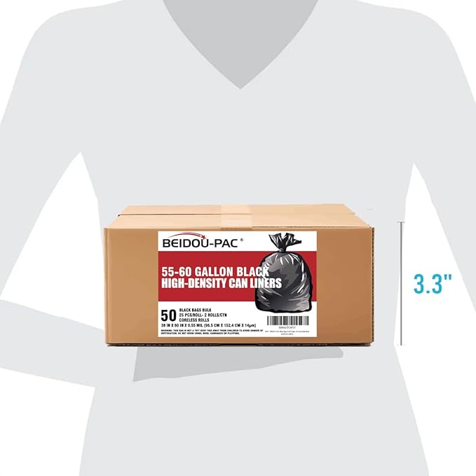 BEIDOU-PAC 55-60 Gallon Trash Bags, 50 Count Bulk, Black Heavy Duty Garbage bags, Multi-purpose Trash Can Bin Liners for home Commercial, Outdoor, Construction, Industrial, Lawn, Leaf