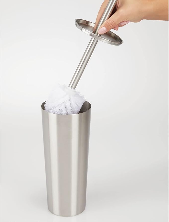 mDesign Slim Metal Toilet Brush Set - Modern Freestanding Holder for Bathroom - Practical With Rust-Resistant Finish - Silver