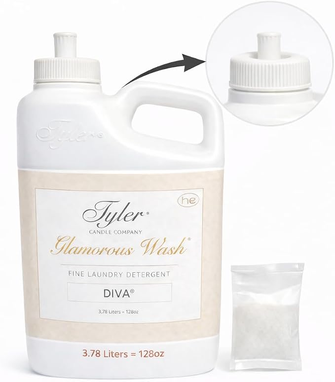 Tyler Candle Company original Glam Wash Laundry Detergent, Diva, Liquid, 128 Fl Oz HE Safe/with Dryer Sachet Single Pouch, Pull and Pour Spill Proof Cap ol
