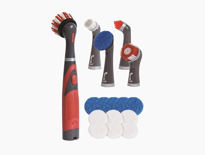 Rubbermaid Reveal Cordless Battery Power Scrubber Home Kit, 18 Pieces, Red & Cleaning Power Electric Scrub Brush Microfiber Refill Kit, 2 Pieces, Red/Gray