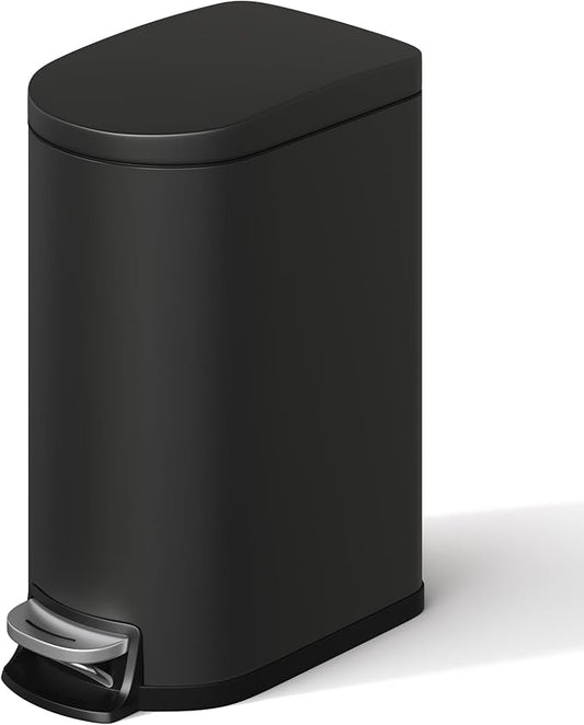 GarveeLife 2.6 gal / 10 L Metal Bathroom Trash Can with Lid, Slim Step-on Garbage Can for Small Spaces, Soft Close Lid with Inner Bucket and Rear Handle for Bedroom, Home Office