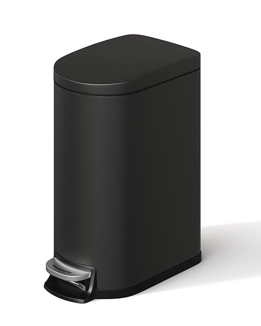 Garvee 1.6 gal / 6L Metal Bathroom Trash Can with Lid, Slim Waterproof Garbage Can for Bedroom, Small Step-on Trash Bin with Inner Bucket, Rear Handle, Soft Close Lid, Black