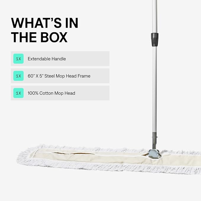 Commercial Dust Mop – 60 Inch Floor Sweeper for Hardwood, Reusable Cotton Mop Head, Extendable Handle, Dry Mop for Floor Cleaning & Janitorial Supplies