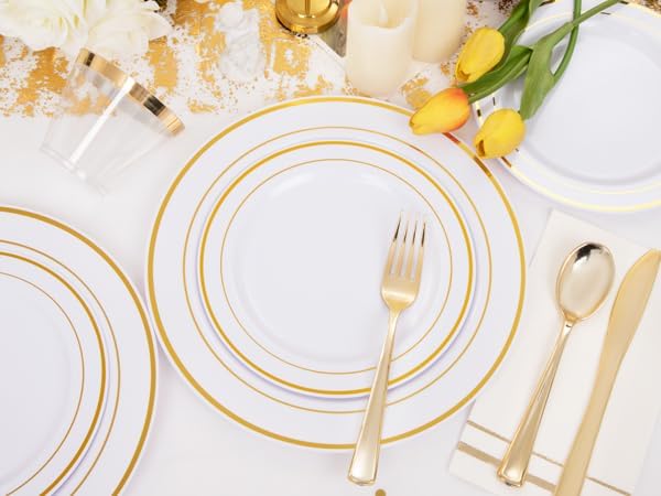 GATHER 175 Pieces Gold Dinnerware Disposable - White and Gold Plastic Plates Includes 50 Plates, 25 Plastic Silverware, 25 Napkins, 25 Cups for Wedding Party