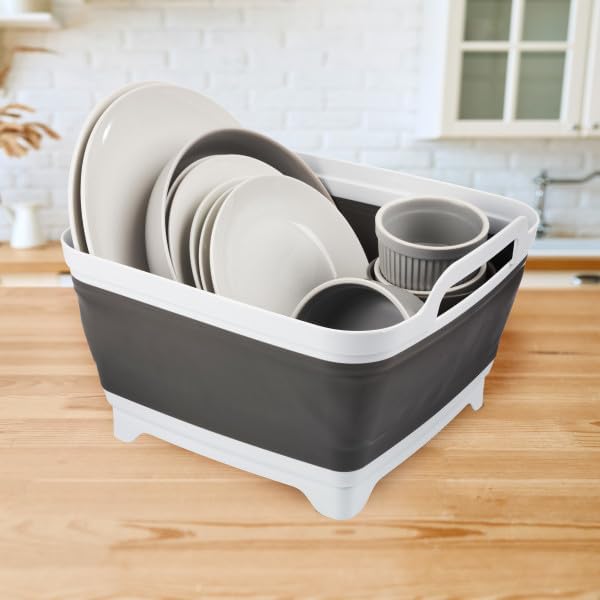 Collapsible Wash Basin - 9L Portable Sink with Drain - Plastic Tub Dish Pan for Camping, Handwashing Laundry, or Dishes by Wakeman Outdoors (Gray)