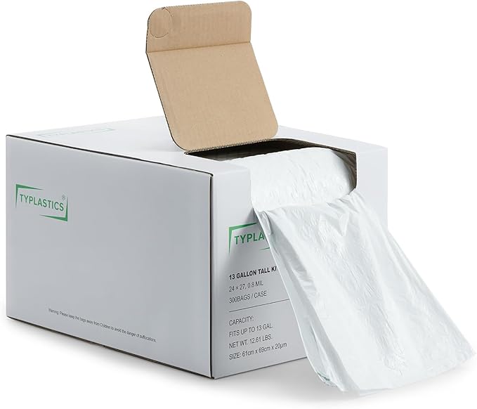 TYPLASTICS FleTex Tall Kitchen 13 Gallon Drawstring Trash Bags, 300 Bags, 24in x 27in, Unscented, White, Wholesale Pack (Heavy duty, 300 Count)