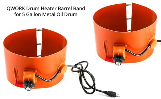 QWORK Drum Heater Band 2 Pack, 800W 120V 5 Gallon Pail/Barrel Wrap with Adjustable Thermostat 80-300°F, Insulated Silicone Heating Blanket with Spring Fit for Metal Oil Drum/Grease Keg